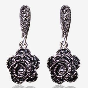 Dark Silver Pewter Vintage Old Money Rhinestone Gem Drop Dangle Huggie Earrings